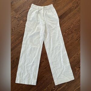 MESHKI Linen Cotton Wide‎ Leg Pleated Pants Coastal High Rise Trousers White XS